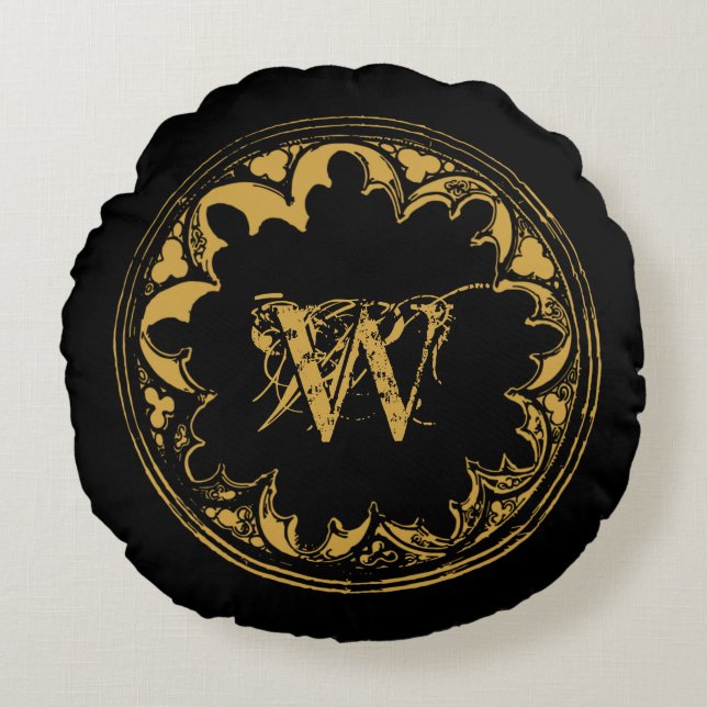 Black & Gold Rustic Vintage Distressed Monogram  Round Pillow (Front)