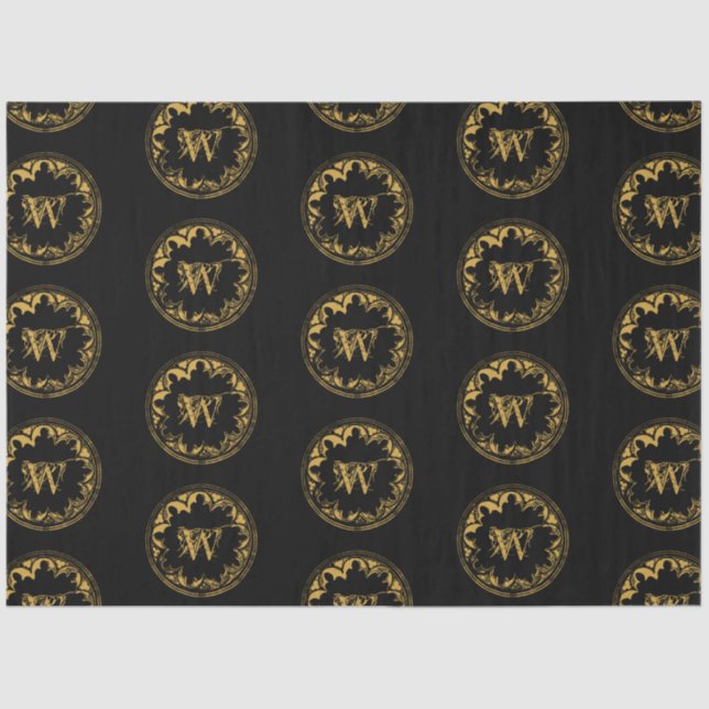 Black & Gold Rustic Vintage Distressed Monogram Tissue Paper (Front)