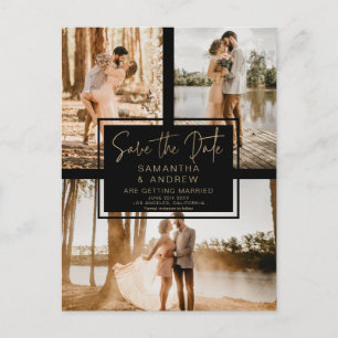 black gold save the date 3 photo grid collage postcard