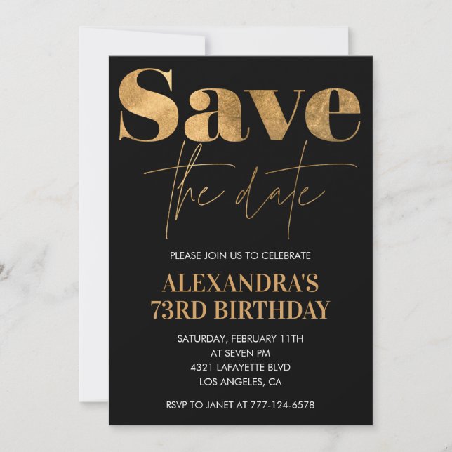 Black Gold Save the date 73rd birthday Invitation (Front)