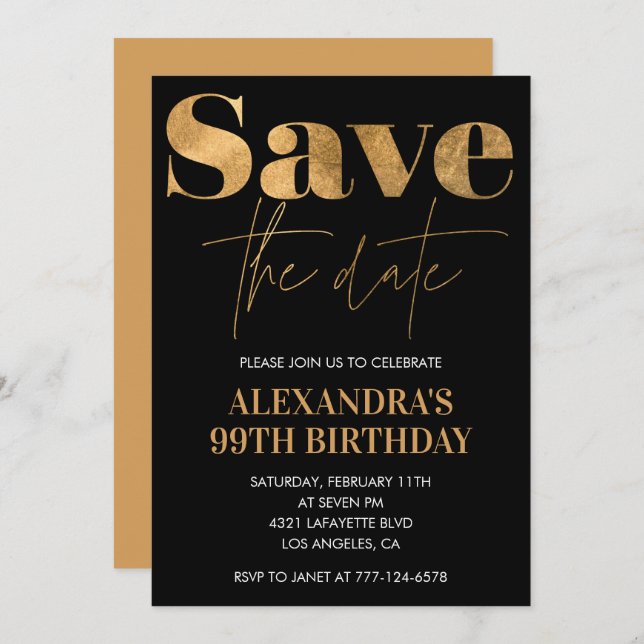 Black Gold Save the date 99th birthday Invitation (Front/Back)