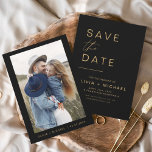 Black Gold Save the Date Elegant Photo Minimalist<br><div class="desc">Wedding Elegant  Black and Gold Save the Date Cards that have a photo on the front. The Save the Date cards contain a modern hand lettered cursive script typography that are elegant,  simple and modern to use after you minimalist simple wedding day celebration.</div>