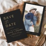 Black Gold Save the Date Elegant Photo Minimalist<br><div class="desc">Wedding Elegant  Black and Gold Save the Date Cards that have a photo on the front. The Save the Date cards contain a modern hand lettered cursive script typography that are elegant,  simple and modern to use after you minimalist simple wedding day celebration.</div>
