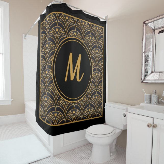 Black Gold Scallop Pattern Art Deco Monogram (In Situ)