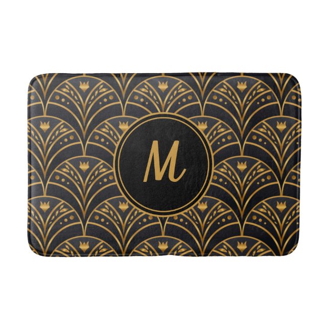 Black Gold Scallop Pattern Art Deco Monogram Bath Mat (Front)