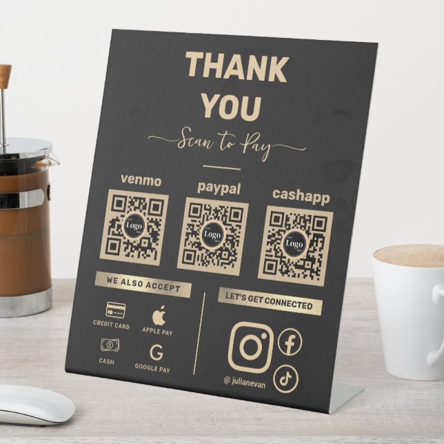Black & Gold Scan to pay 3 QR Codes Thank you Pedestal Sign (In SItu)