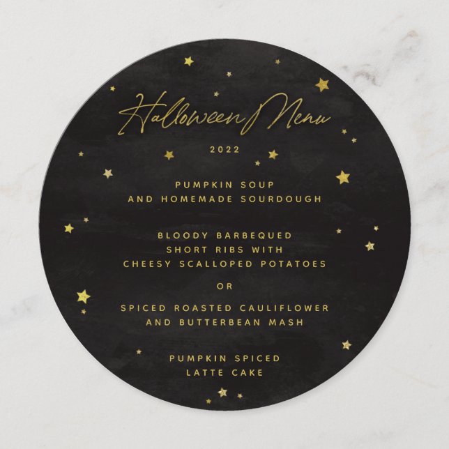 Black/Gold Scattered Stars Square/Round Halloween Menu (Front)
