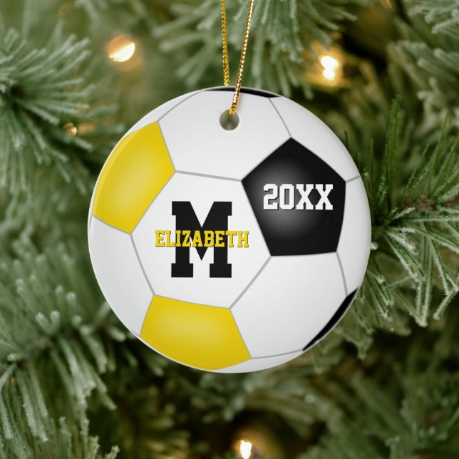 black gold school sports team colours soccer ceramic ornament (Tree)