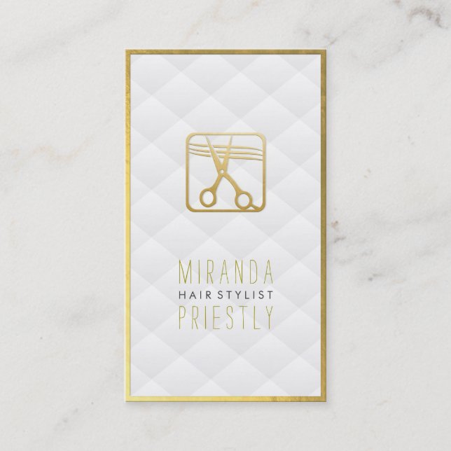 Black & Gold Scissors White Leather Hair Stylist Appointment Card (Front)