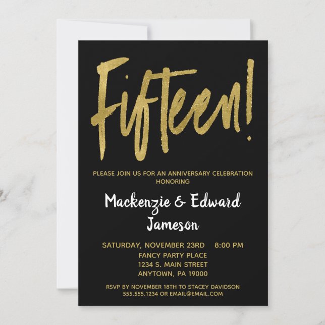 Black Gold Script 15e anniversaire Invitation (Devant)