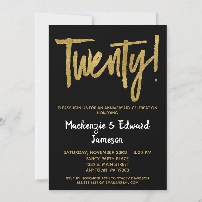 Black Gold Script 20th Anniversary Invitation (Front)