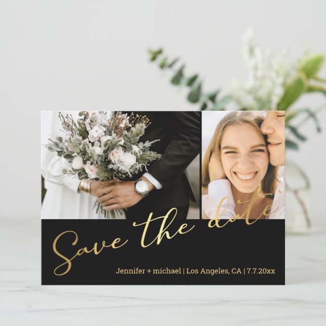  black gold script 2 photo save the date card (Standing Front)
