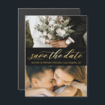 black gold script 2 photos save the date magnet<br><div class="desc">save the date , black gold chic calligraphy wedding 2 photos collage magnet</div>