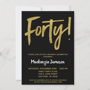 Black Gold Script 40th Birthday Party Invitation