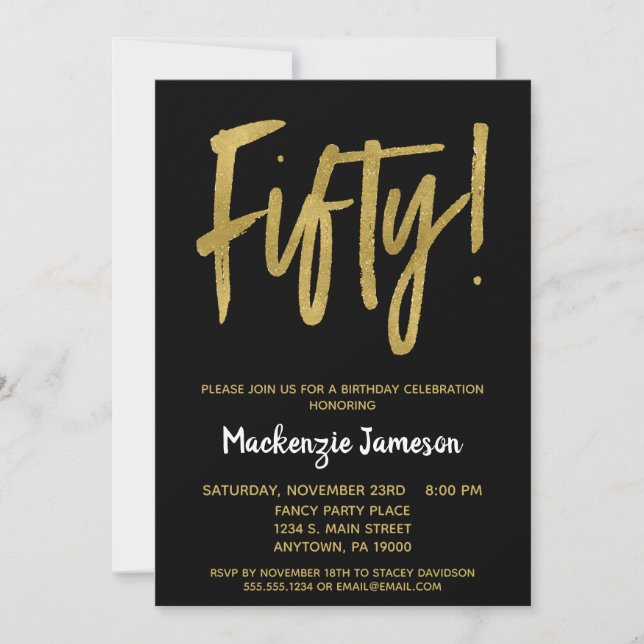 Black Gold Script 50th Birthday Party Invitation (Devant)