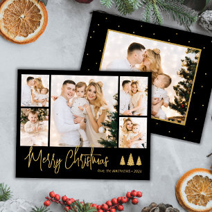 Black Gold Script 5 Photo Collage Christmas Card