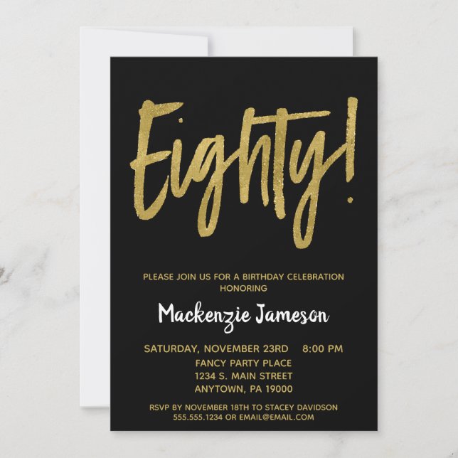 Black Gold Script 80th Birthday Party Invitation (Devant)