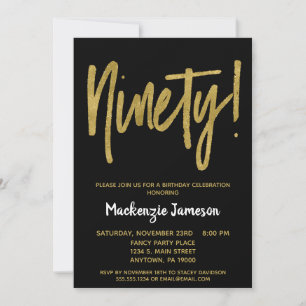Black Gold Script 90th Birthday Party Invitation