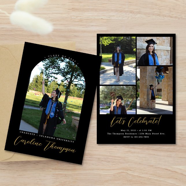 Black & Gold Script Arch Photo Collage Graduation Invitation (Creator Uploaded)