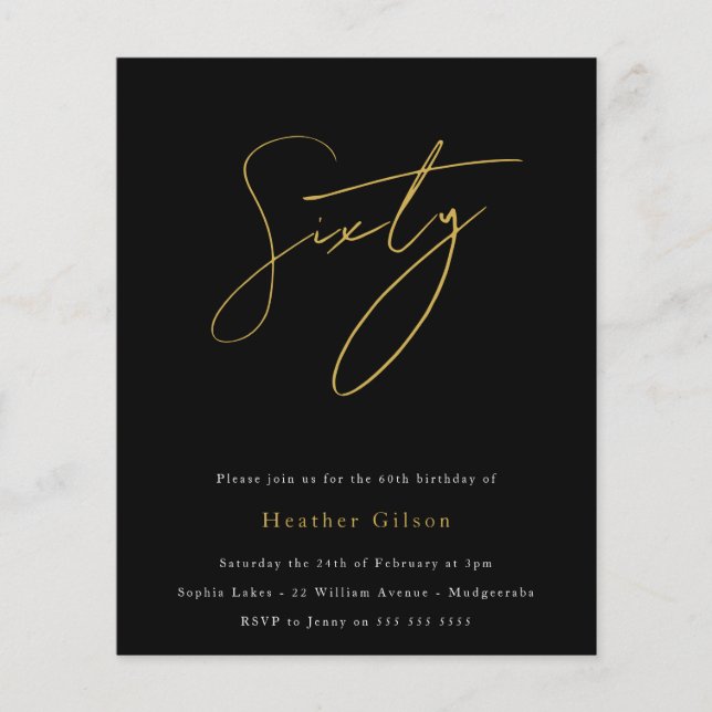 Black & Gold Script Budget 60th Birthday Invite (Front)