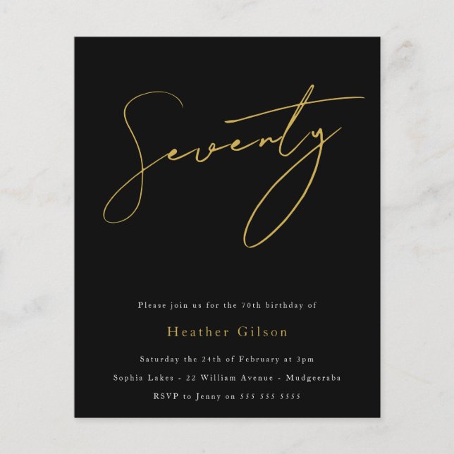 Black & Gold Script Budget 70th Birthday Invite (Front)