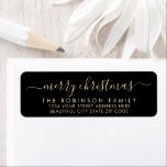 Black Gold Script Christmas Return Address Label<br><div class="desc">Modern Elegant Black and Gold Script Family  Name Christmas Return Address Labels. Featuring a pretty hand-written calligraphy swash-tail font script with saying "Merry Christmas". Great for Christmas holiday season,  easy to personalize them with your names and return address info.</div>