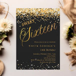 Black gold script elegant Sweet 16 Invitation<br><div class="desc">A modern Sweet 16 invitation. A black background and the word Sixteen written with large letters. Decorated with golden confetti. Personalize and add a name and party details.</div>