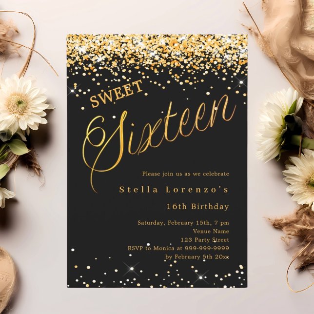 Black gold script elegant Sweet 16 Invitation (Creator Uploaded)