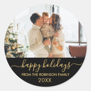 Black Gold Script Family Photo Happy Holidays Classic Round Sticker