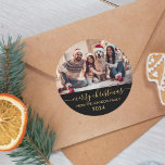 Black Gold Script Family Photo Merry Christmas Classic Round Sticker<br><div class="desc">Elegant Script Modern Black and Gold "Merry Christmas" Calligraphy Family Photo Holiday Large Round Sticker. Great for Mailing Accessories Envelope Seals and Gift Stickers.</div>