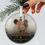 Black Gold Script Family Photo Merry Christmas Glass Ornament<br><div class="desc">Elegant Hand Lettered Black and Gold "Merry Christmas" Script Family Photo Ornament. Features your favourite family photo, "Merry Christmas" calligraphy text in handwritten script, little heart motif, family name and year in gold font colour on black gradient photo overlay. Easy to personalize it. Photo tip: crop your photo to square...</div>