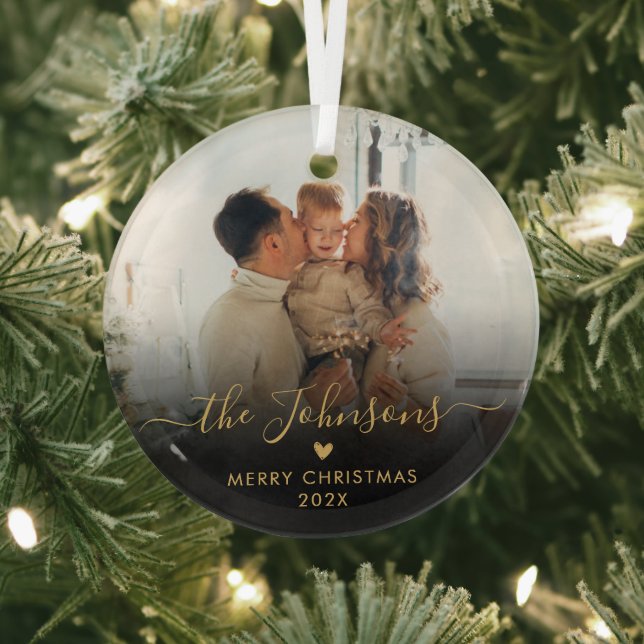 Black Gold Script Family Photo Merry Christmas Glass Ornament (Insitu)