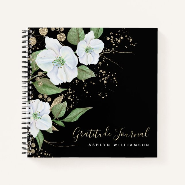 Black Gold Script Floral Watercolor Chic Gratitude Notebook (Front)