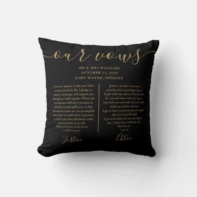 Black Gold Script His And Hers Photo Wedding Vows Throw Pillow (Front)