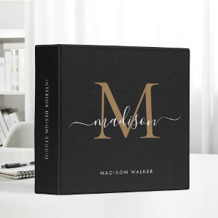 Black Gold Script Linen Texture Elegant Monogram Binder