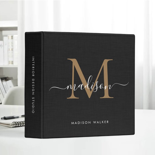 Black Gold Script Linen Texture Elegant Monogram Binder (Creator Uploaded)