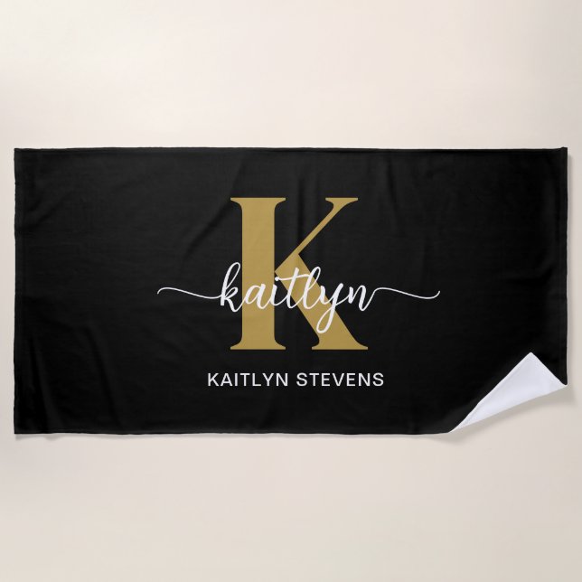 Black Gold Script Monogram Beach Towel (Front)