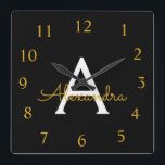 Black Gold Script Monogram Girly Name Square Wall Clock<br><div class="desc">Gold and Black Script Monogram Name Clock. This makes the perfect sweet 16 birthday,  wedding,  bridal shower,  anniversary,  baby shower or bachelorette party gift for someone that loves glam luxury and chic styles.</div>
