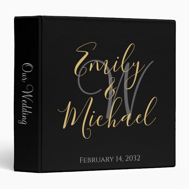 Black Gold Script Monogram Initial Names Wedding 3 Binder (Front/Spine)