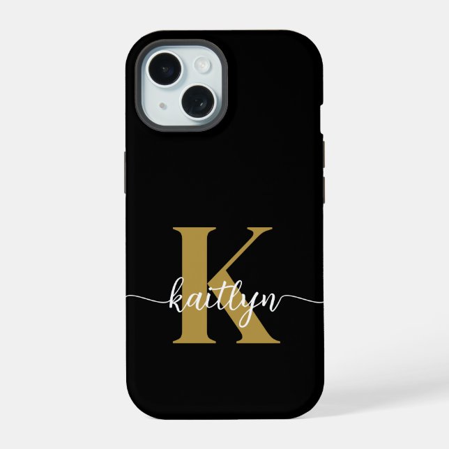 Black Gold Script Monogram iPhone 15 Case (Back)