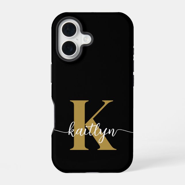 Black Gold Script Monogram iPhone 16 Case (Back)