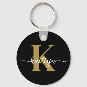 Black Gold Script Monogram Keychain