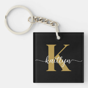 Black Gold Script Monogram Keychain