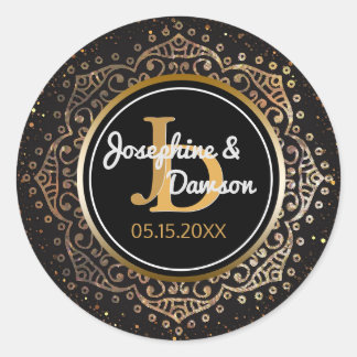 Black Gold Script Monogram | Mandala Wedding Favou Classic Round Sticker