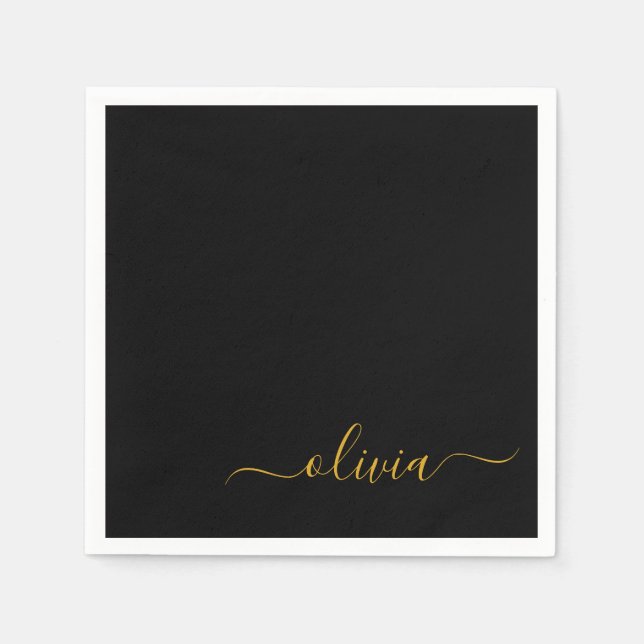 Black Gold Script Monogram Name Modern Napkin (Front)
