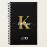 Black Gold Script Monogram Planner<br><div class="desc">This simple, elegant black 5.5 x 8.5 soft planner with your first name in a trendy script font in white and your first initial in a modern cap font in gold is perfect for you. It's stylish and trendy and yet very classic. It will make keeping appointments, meetings, deadlines, homework...</div>