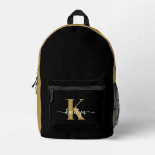 Black Gold Script Monogram Printed Backpack