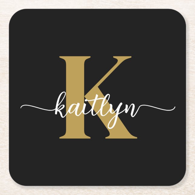 Black Gold Script Monogram Square Paper Coaster (Front)