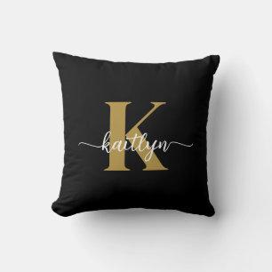 Black Gold Script Monogram Throw Pillow