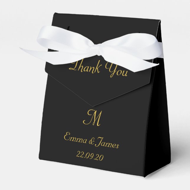 Black & Gold Script Monogram Wedding Thank You  Favor Box (Front Side)